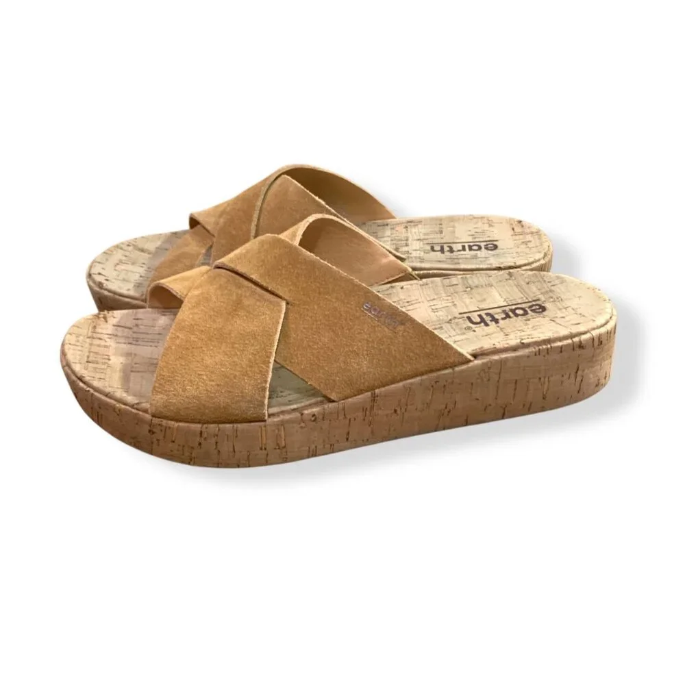 Women's Earth Cork Wedge Cross Strap Sandals Sz 8 Tan Suede Slip-On‎ Resort Pool